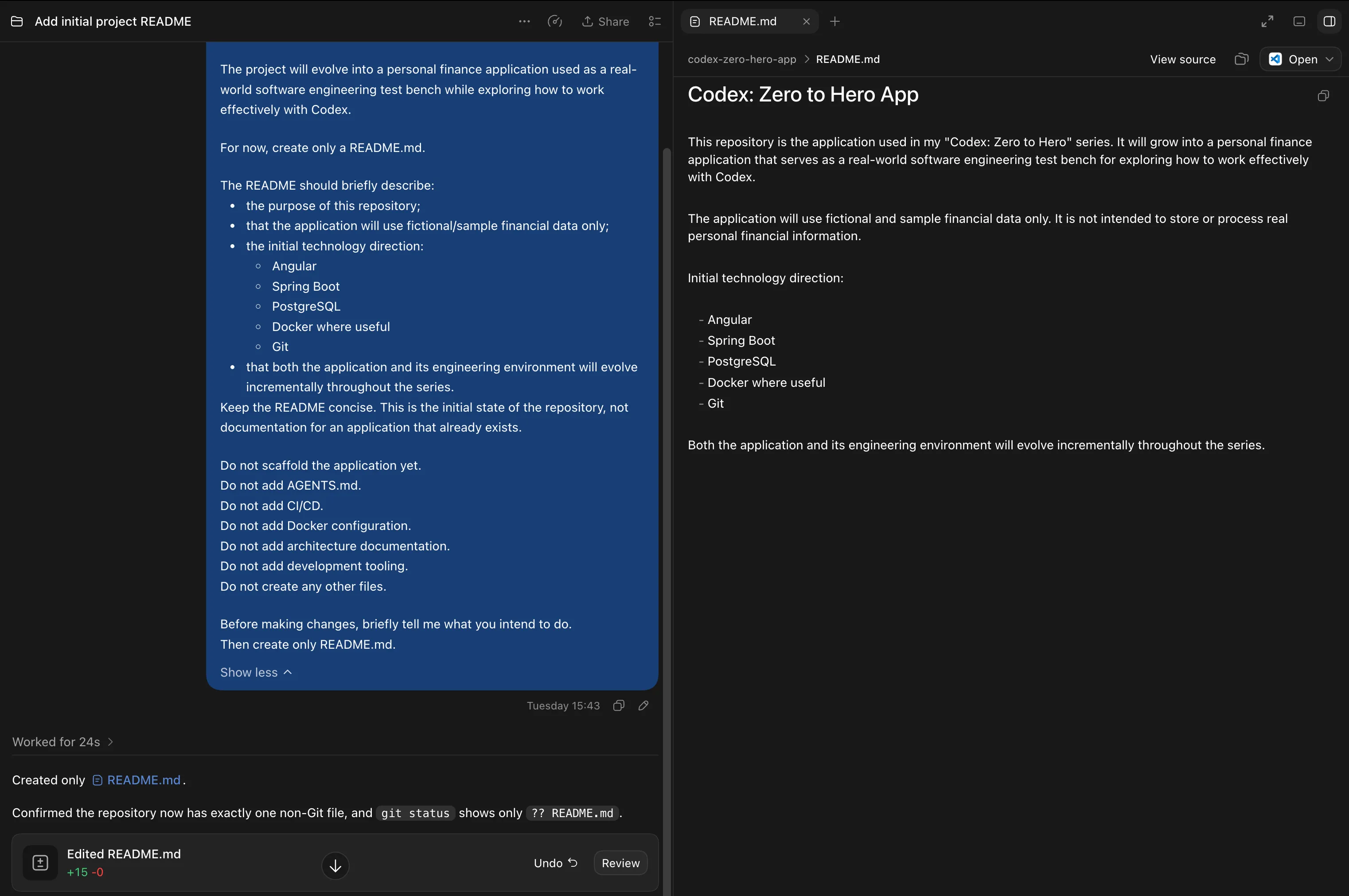 Codex Desktop after the initial repository setup: the constrained prompt and the generated README.md.